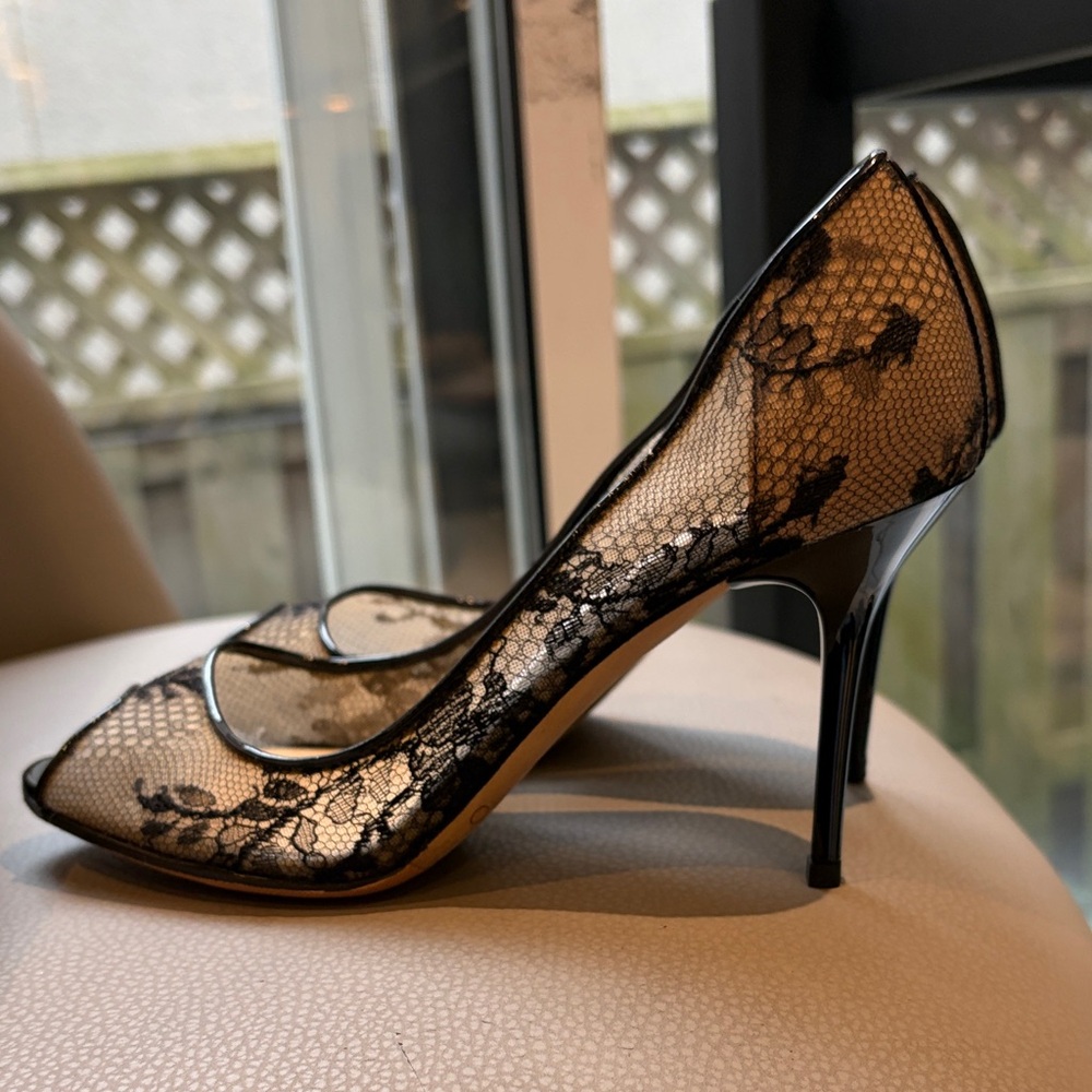 Jimmy Choo Luna Black Lace Peep-Toe Pumps with Patent Trim - Picture 5 of 5